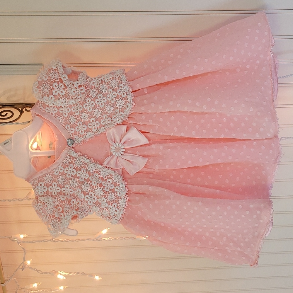 3 piece, pink and white dress with lace detail, jacket, and bloomers